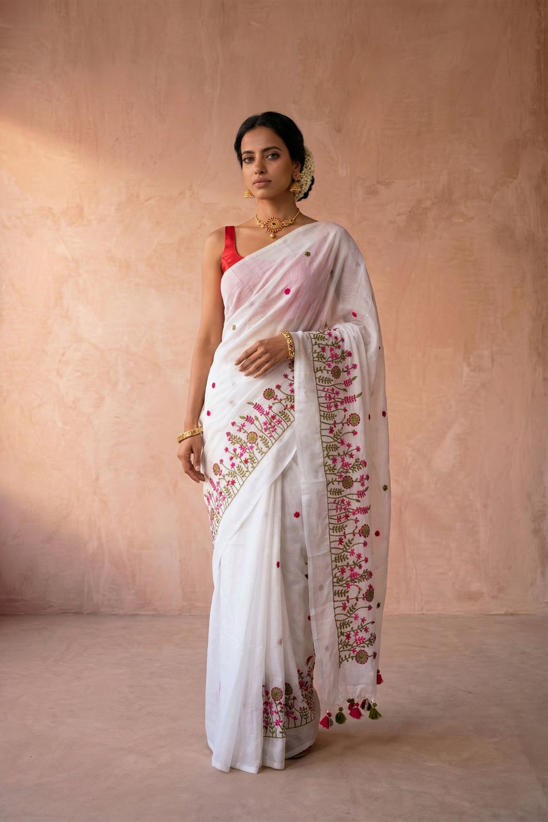 Onam Mul cotton embroidered white saree and red blouse