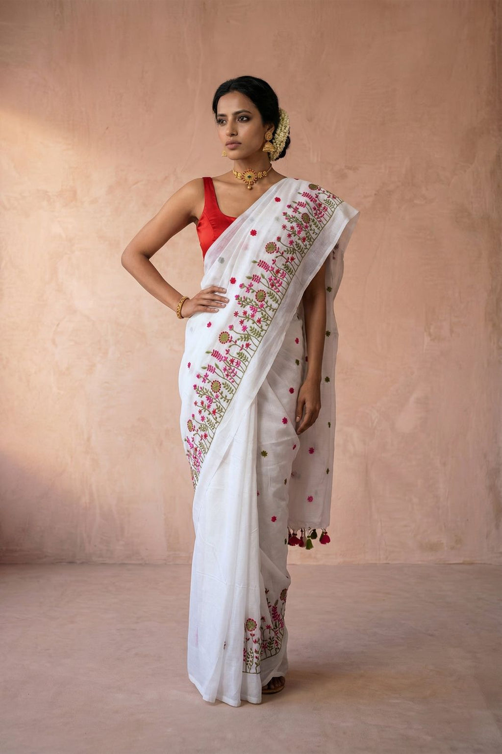 Onam Mul cotton embroidered white saree and red blouse