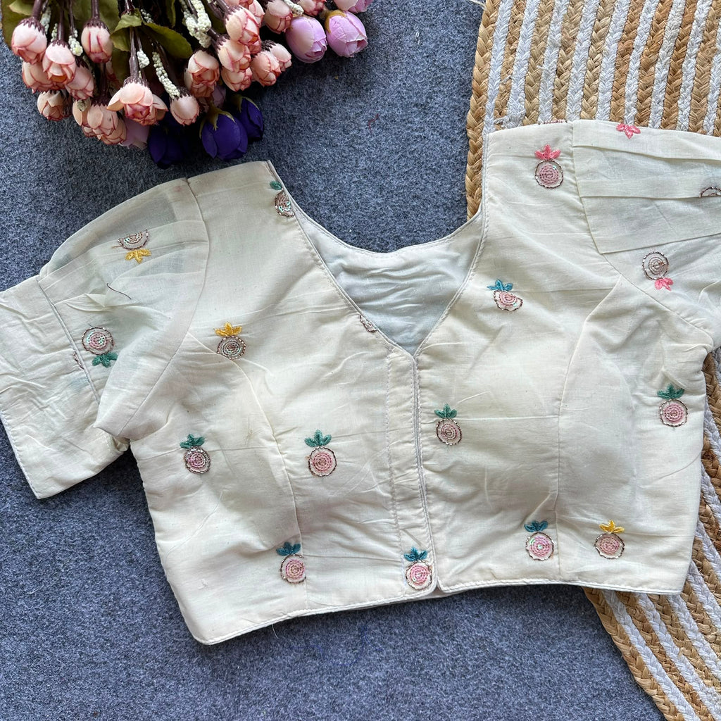 White Cotton Blouse with Floral Embroidery, Sequin & Bead Work