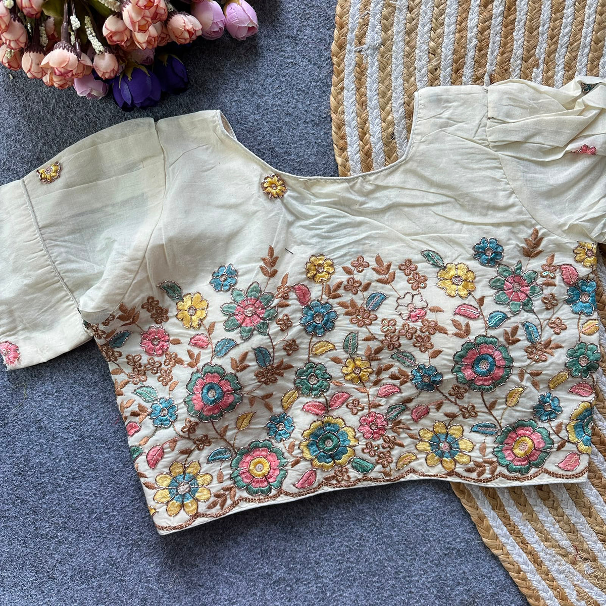 White Cotton Blouse with Floral Embroidery, Sequin & Bead Work