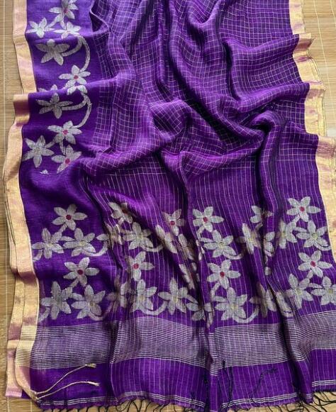 Handwoven Linen Jamdani Saree with Zari Check work
