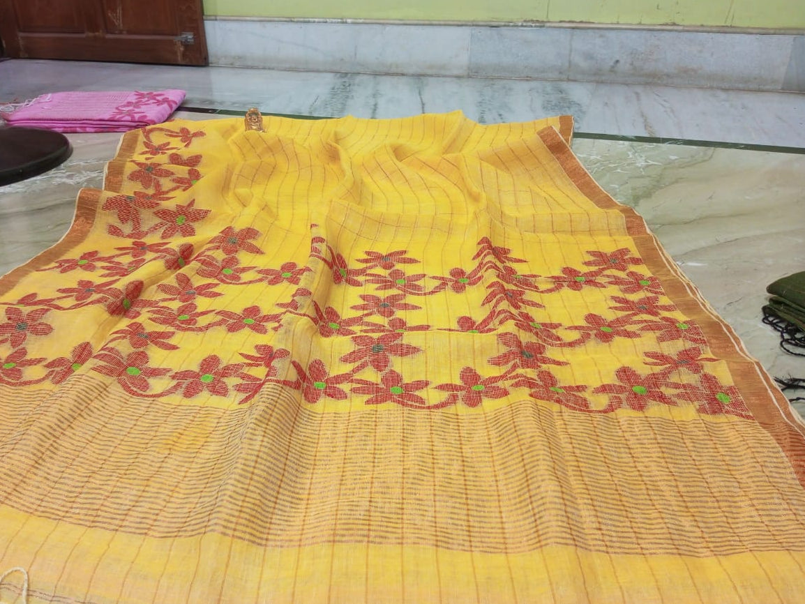 Handwoven Linen Jamdani Saree with Zari Check work