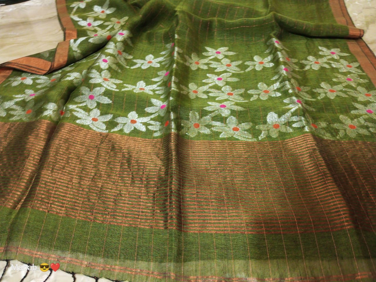 Handwoven Linen Jamdani Saree with Zari Check work