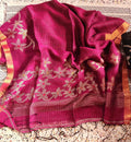 Handwoven Linen Jamdani Saree with Zari Check work