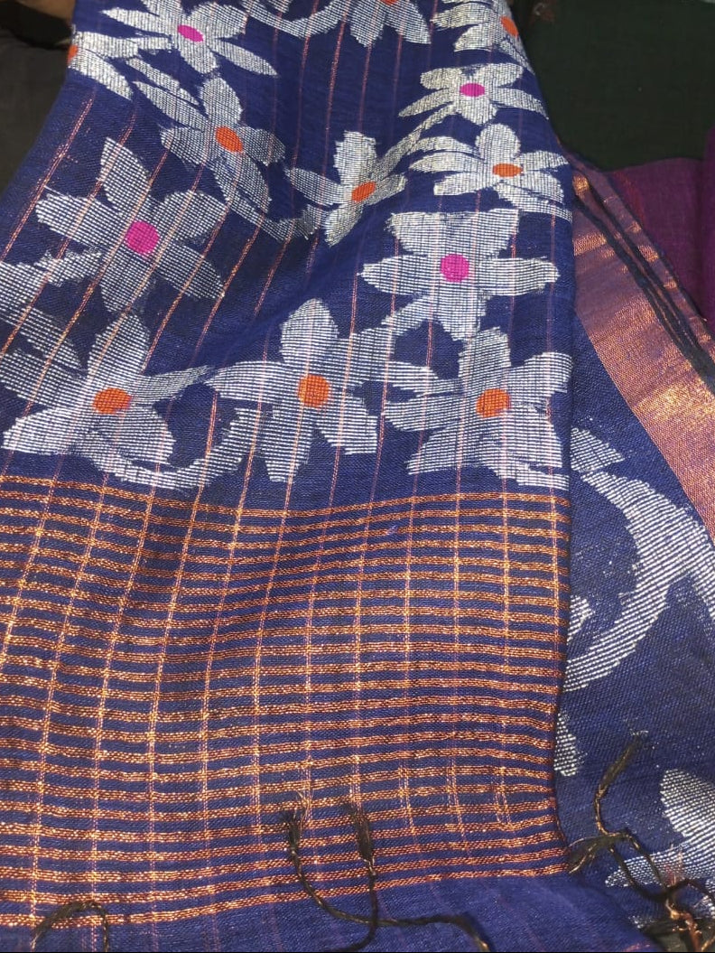 Handwoven Linen Jamdani Saree with Zari Check work