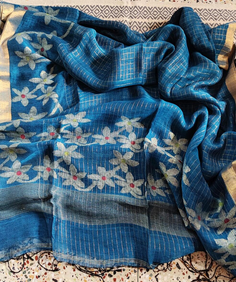 Handwoven Linen Jamdani Saree with Zari Check work