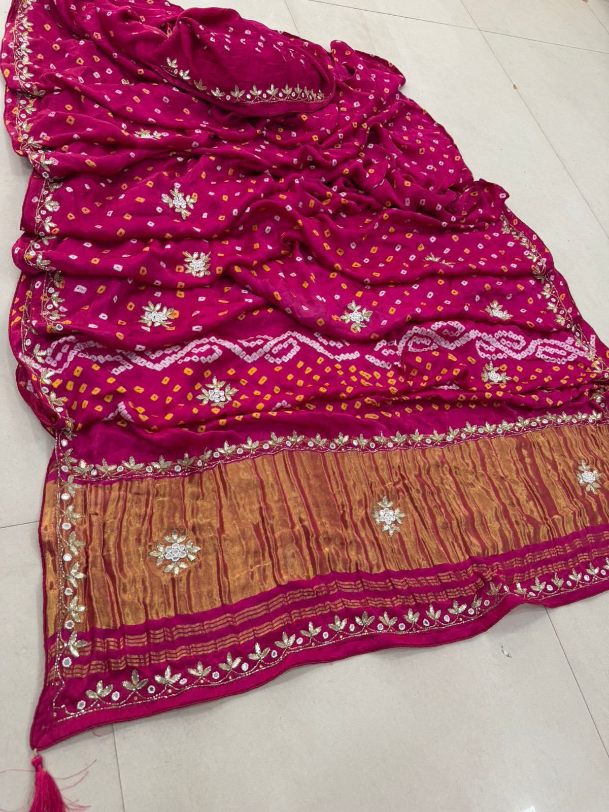 Gaji Silk Bandhani Saree with Gota Patti Hand Embroidery