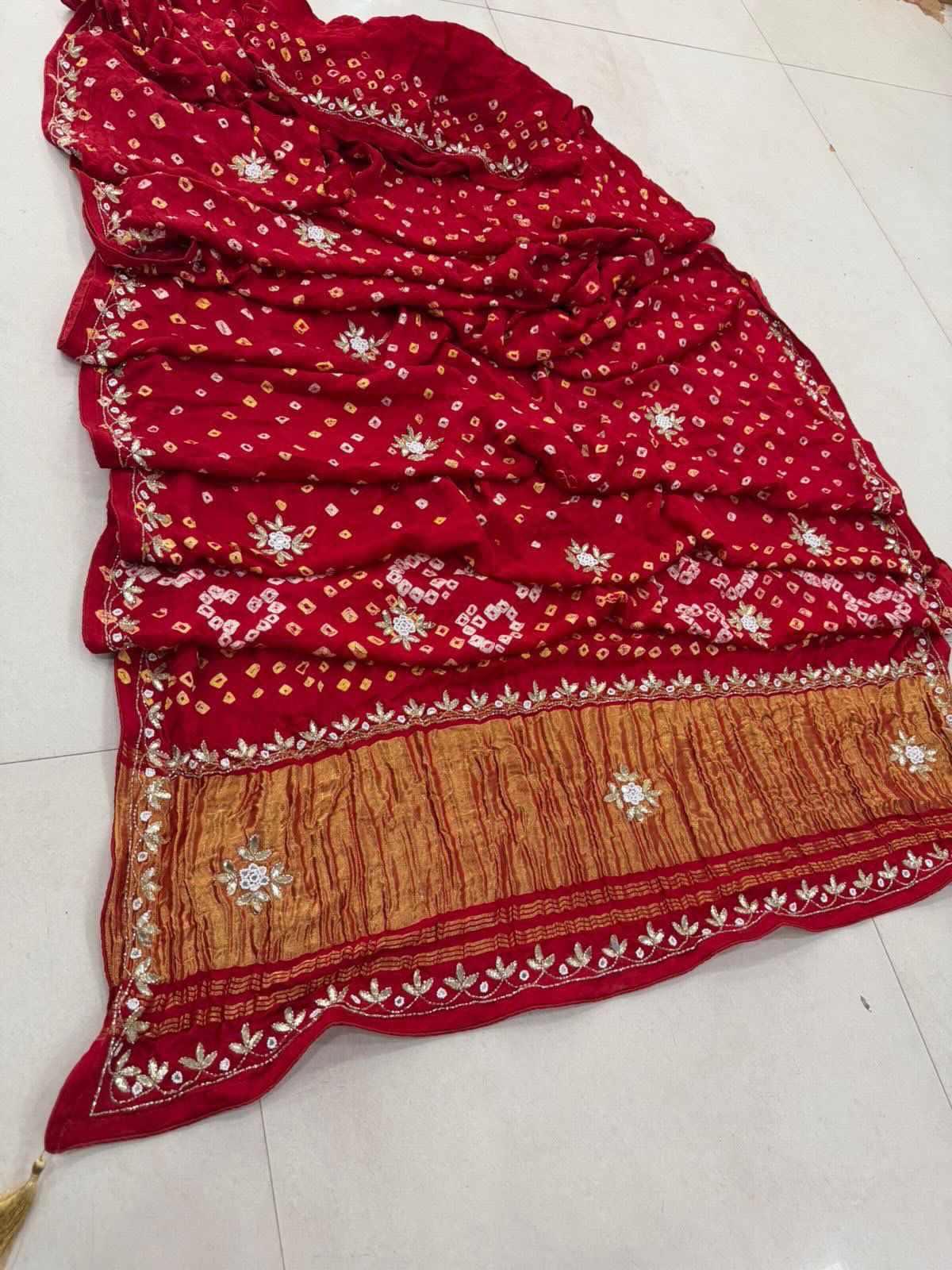 Gaji Silk Bandhani Saree with Gota Patti Hand Embroidery