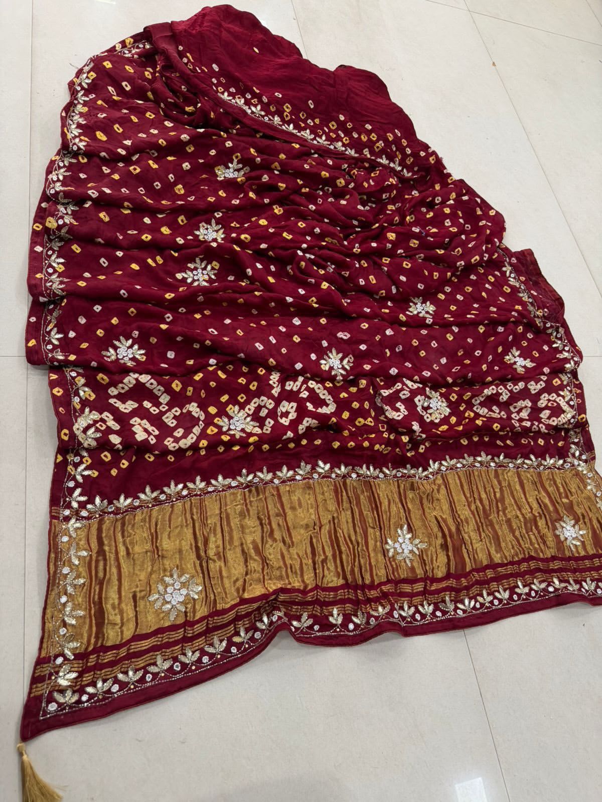 Gaji Silk Bandhani Saree with Gota Patti Hand Embroidery