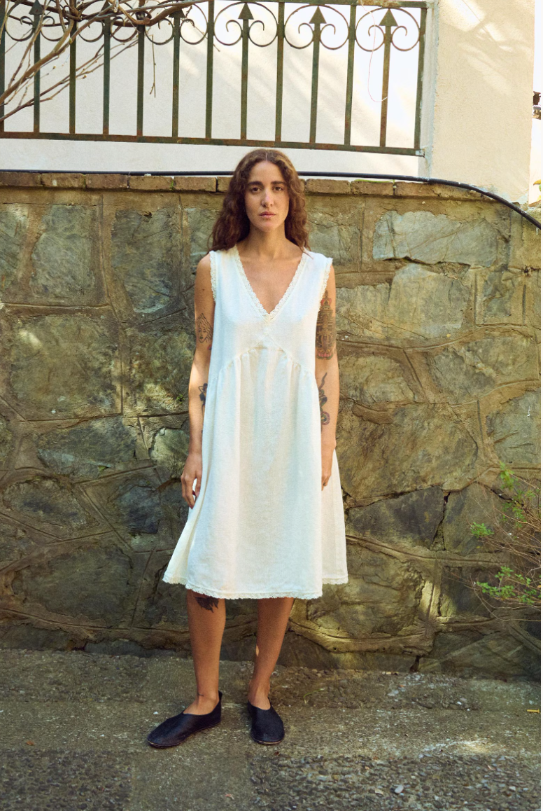 White linen midi dress with lace trim, front view