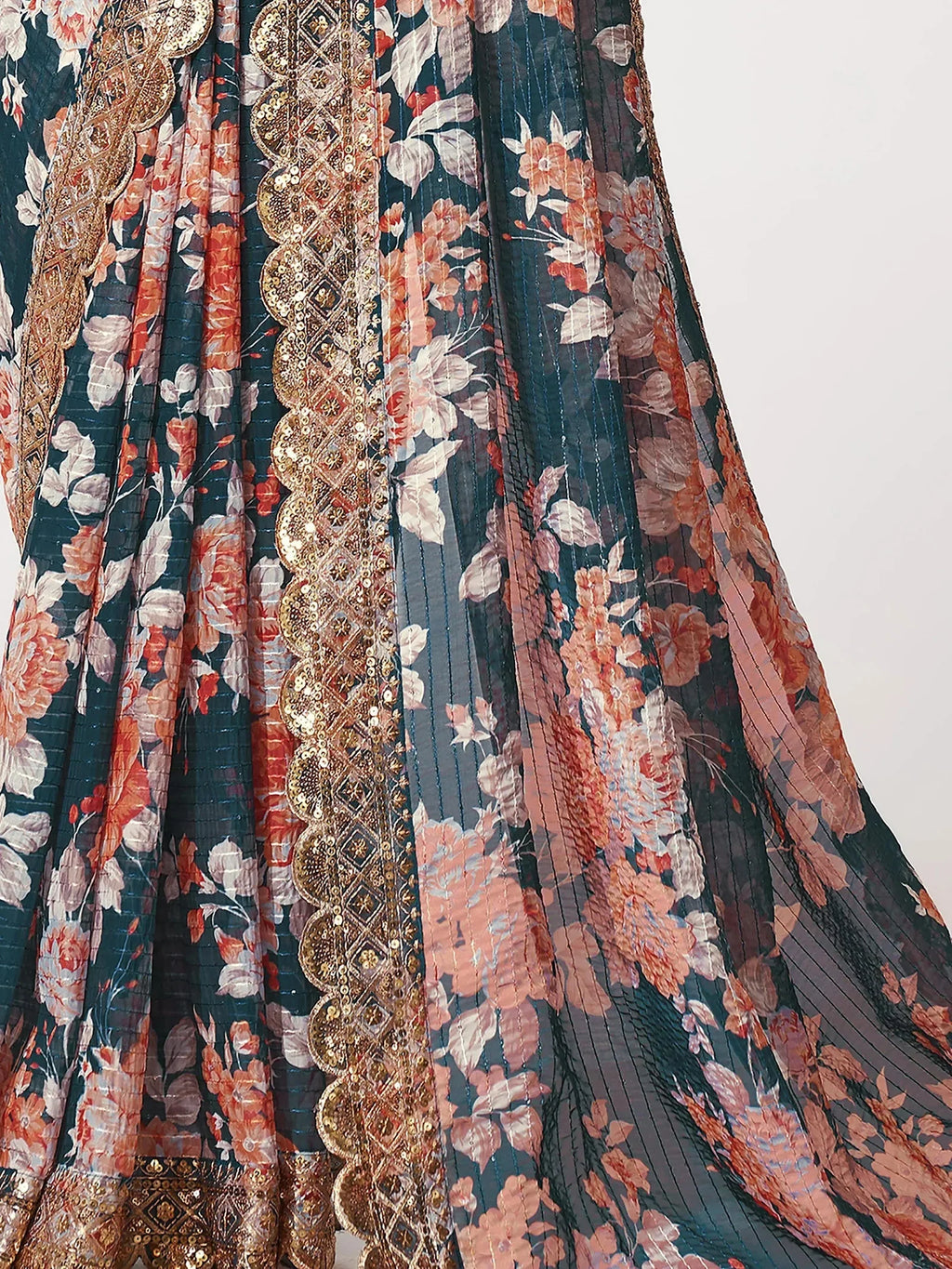Floral Sequinned Organza Heavy Work Leheriya Saree