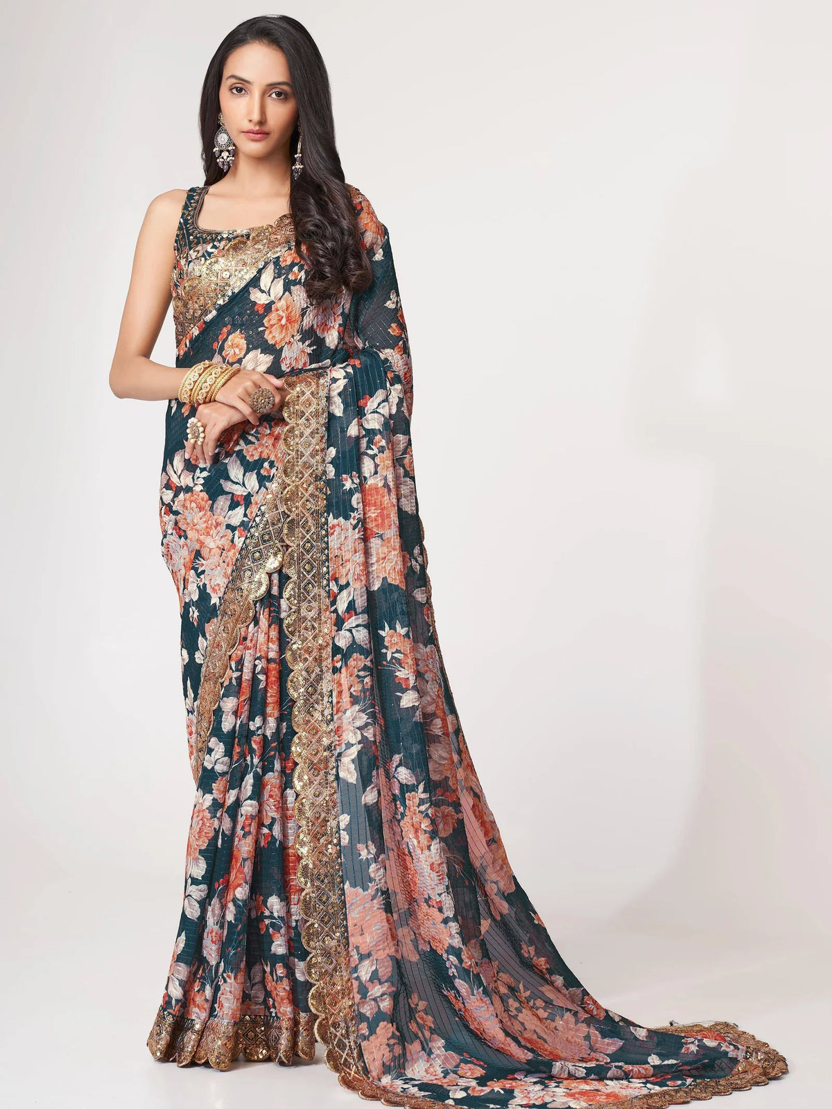 Floral Sequinned Organza Heavy Work Leheriya Saree