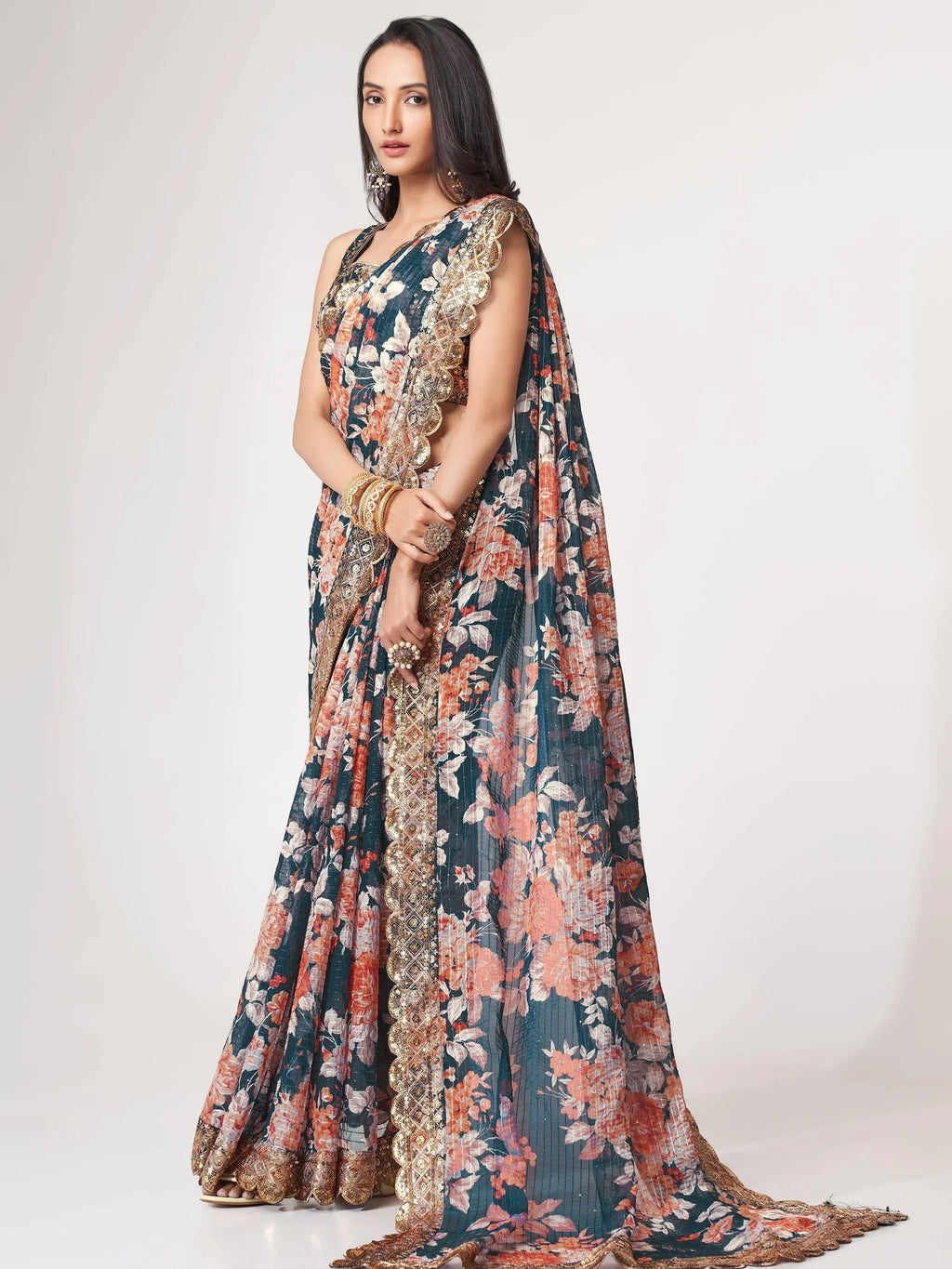 Floral Sequinned Organza Heavy Work Leheriya Saree