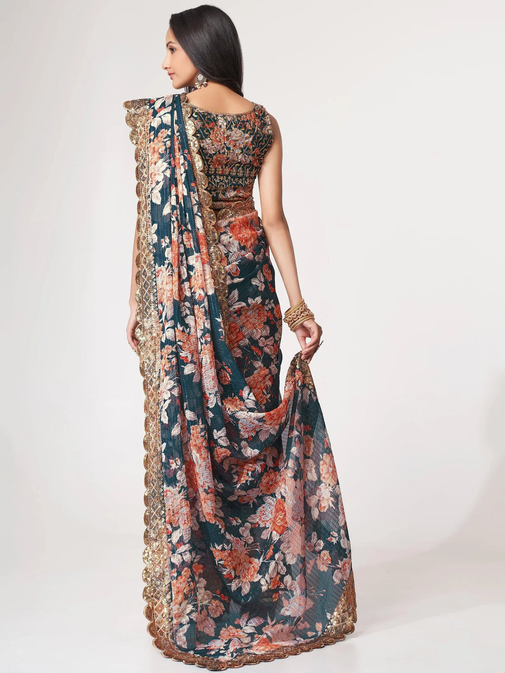 Floral Sequinned Organza Heavy Work Leheriya Saree