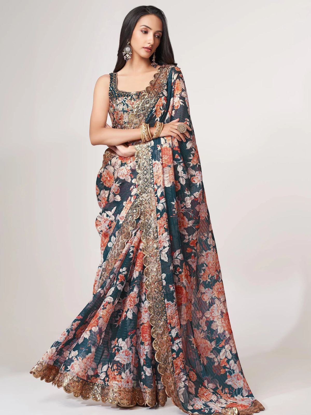 Floral Sequinned Organza Heavy Work Leheriya Saree