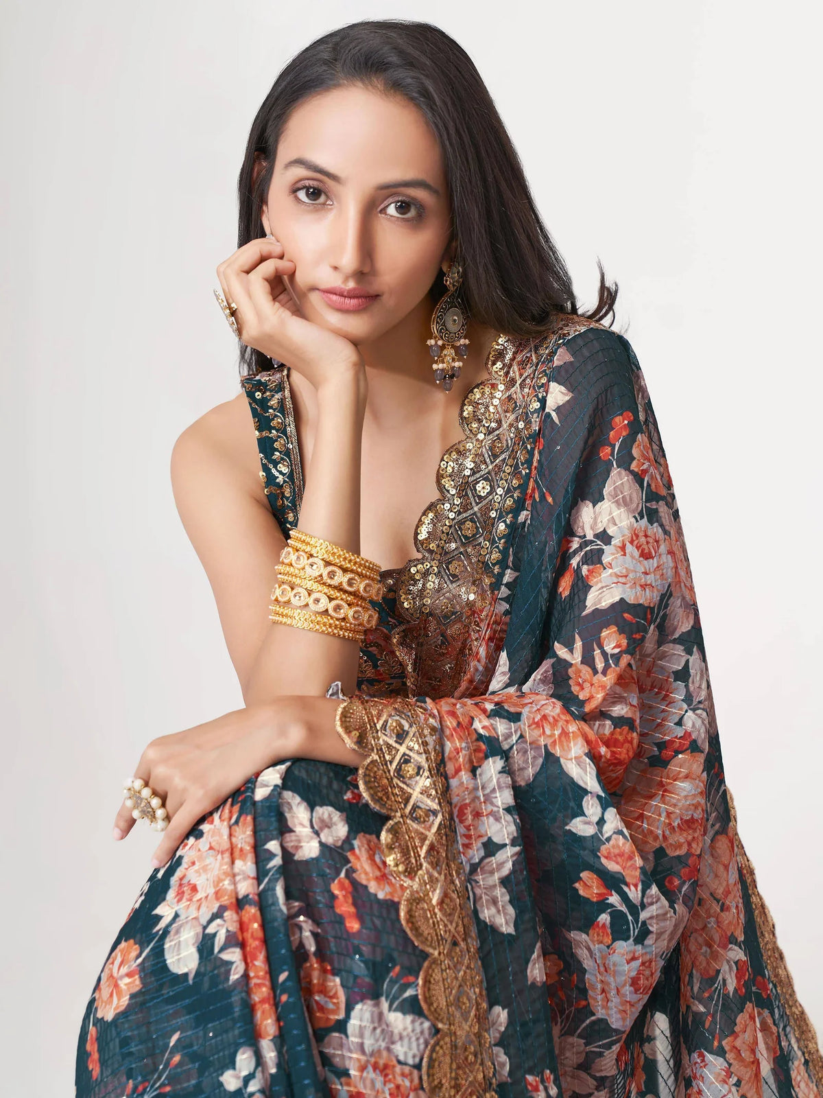 Floral Sequinned Organza Heavy Work Leheriya Saree