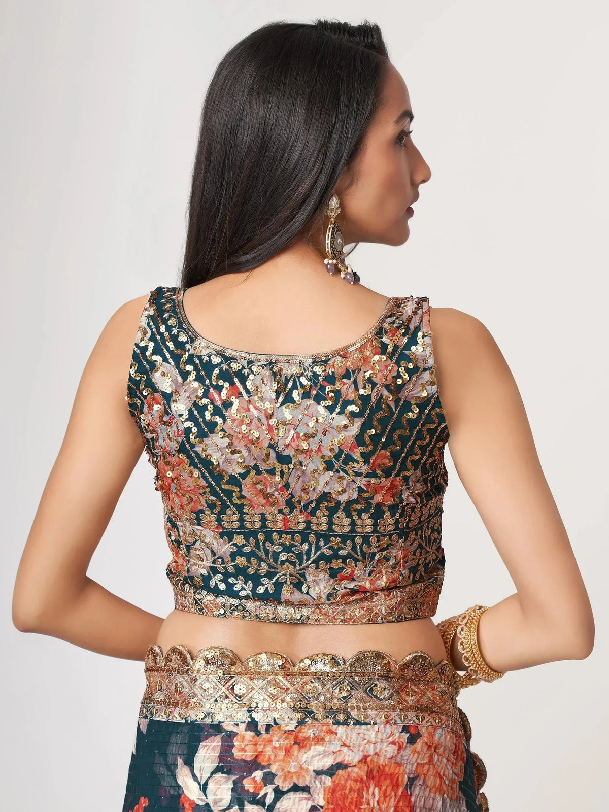 Floral Sequinned Organza Heavy Work Leheriya Saree
