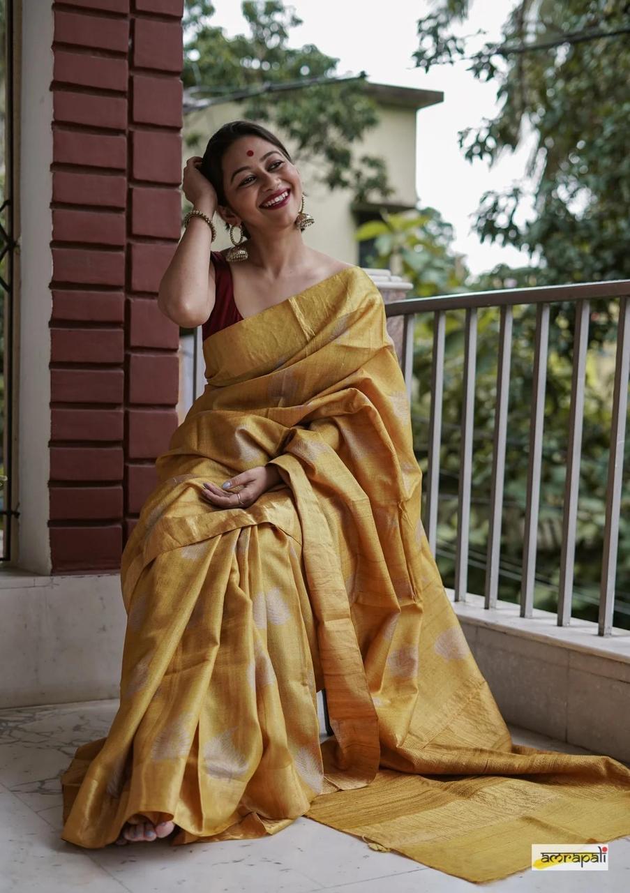 Tussar Munga Silk Saree with Golden Zari Border – Rich Pallu