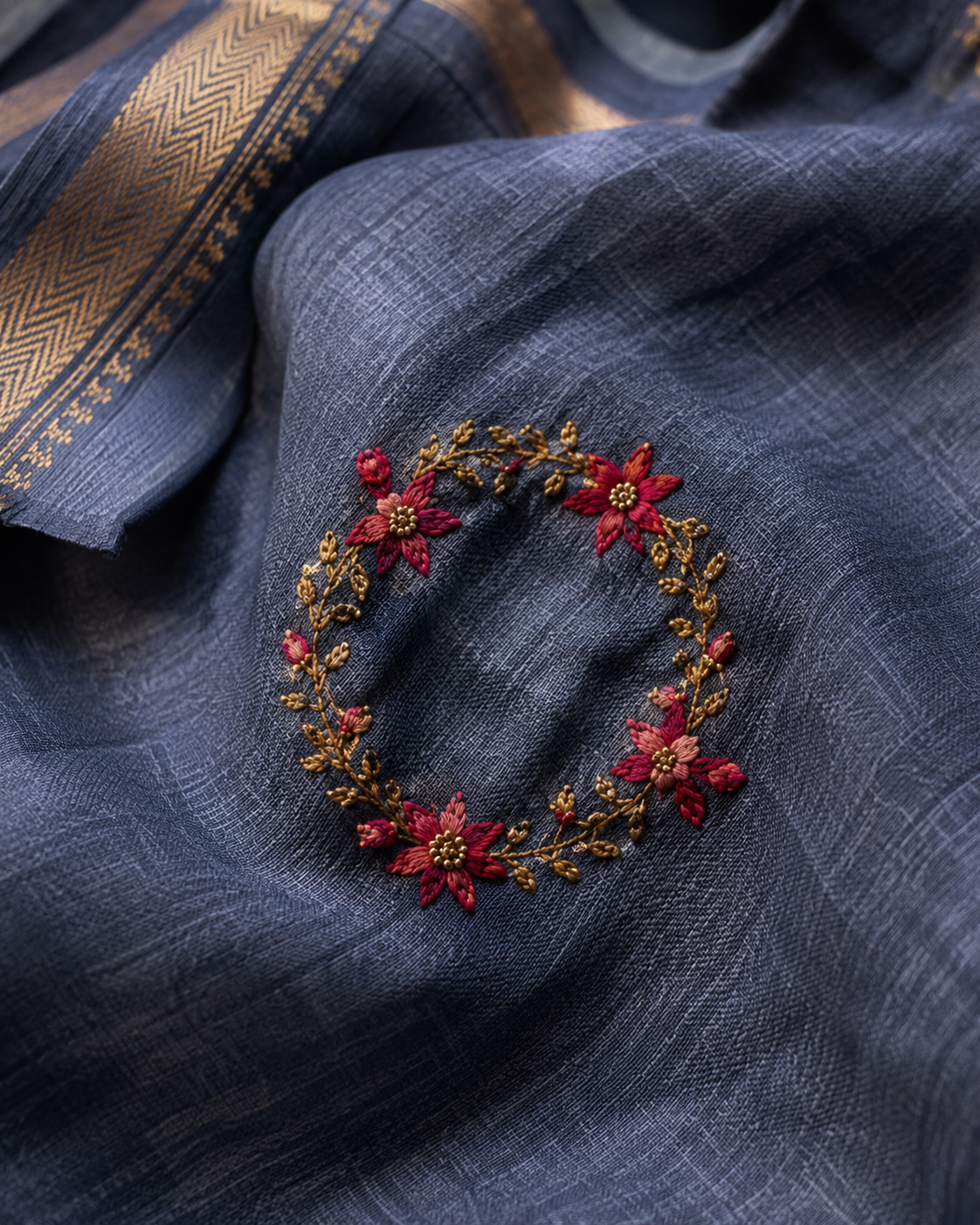 Handcrafted Linen embroidered blue saree, mother's day gift