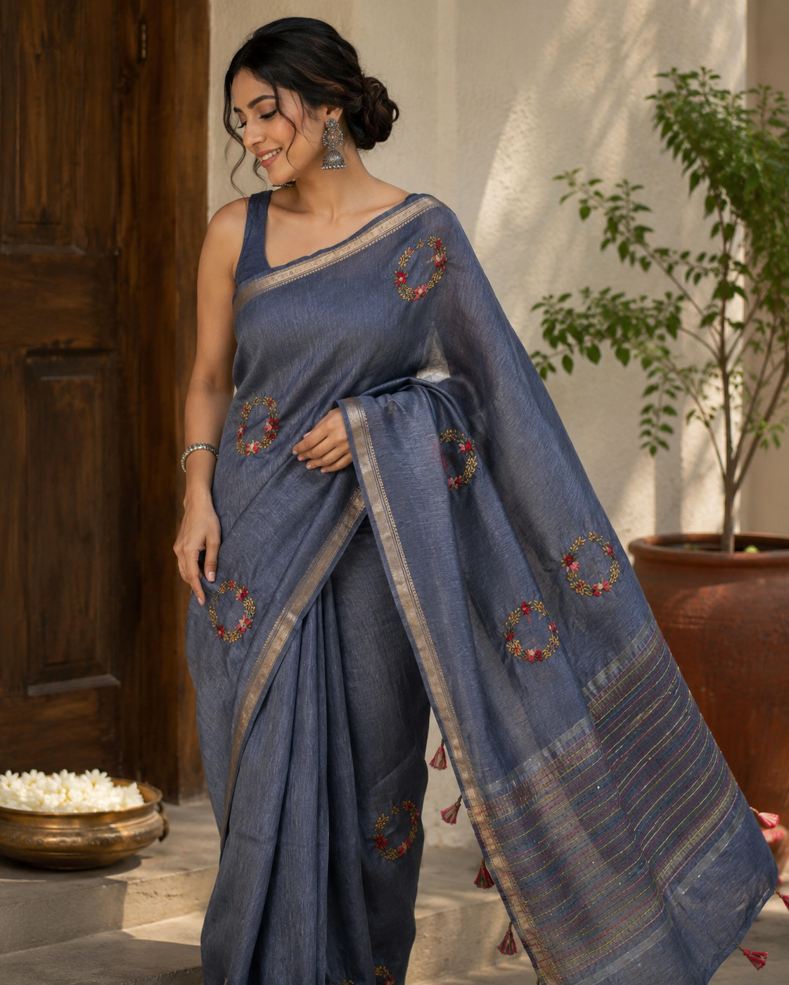 Handcrafted Linen embroidered blue saree, mother's day gift