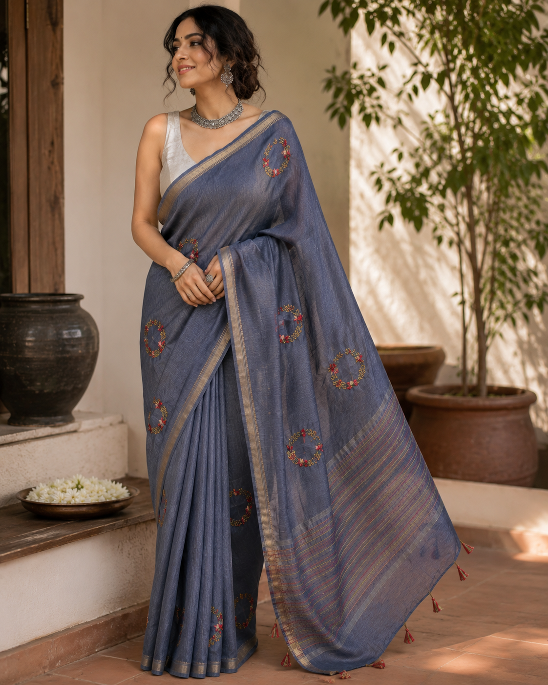 Handcrafted Blue Hand Embroidered Linen Saree
