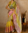 Multicolor Color Block Linen Saree with Zari and Tassels
