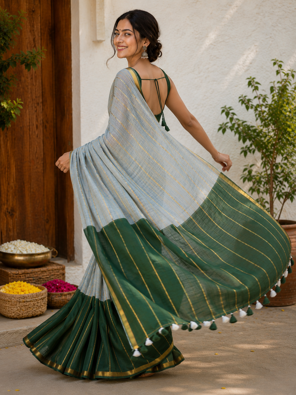Handwoven Emerald Green Striped Linen Silk Saree