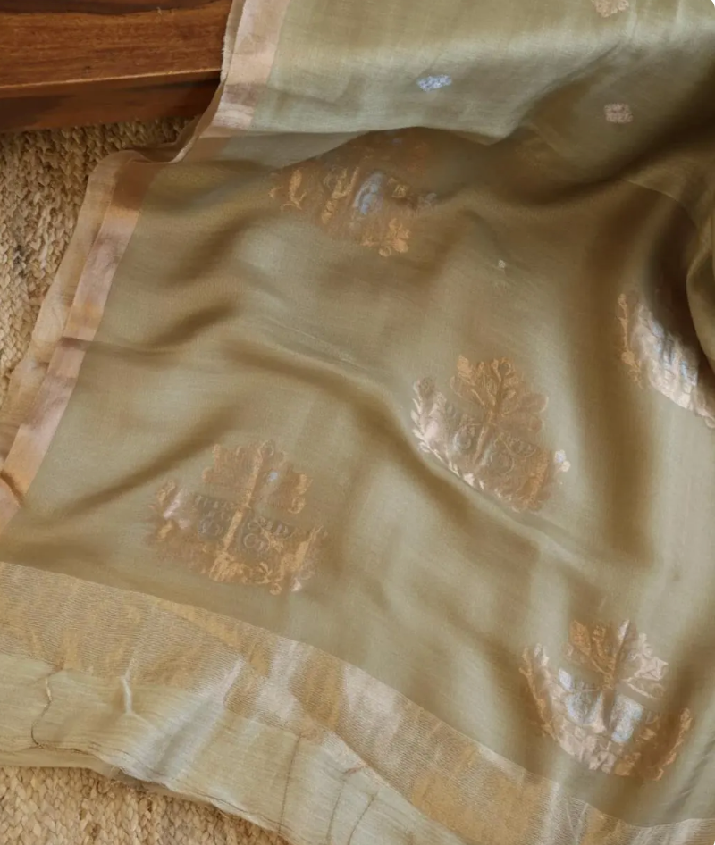 Mint Green West Bengal Jamdani Silk Linen Saree – Handloom