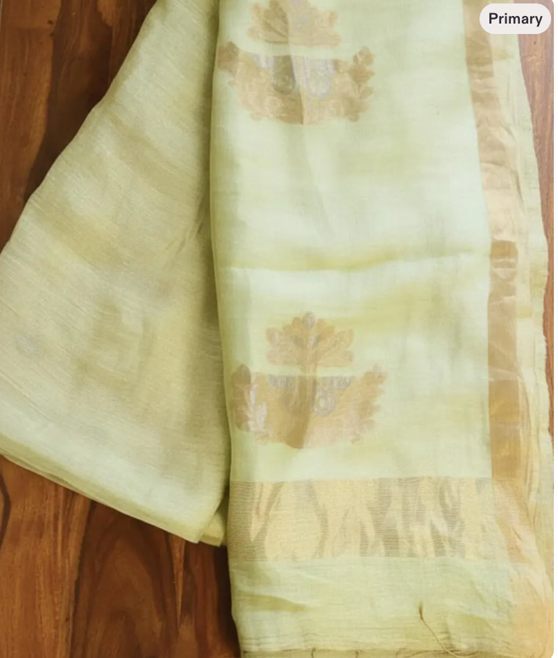 folded lotus green saree golden border zari