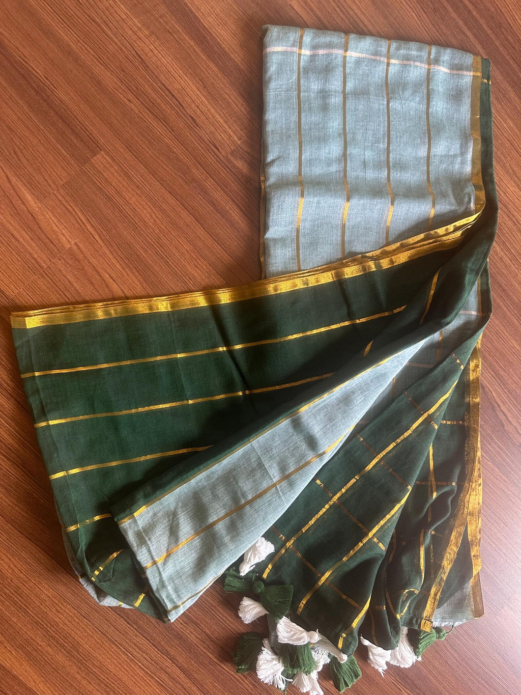 Handwoven Emerald Green Striped Linen Silk Saree
