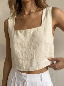 Open Back Linen Crop Top | Square Neck Summer Tank, Resort Wear