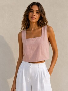 Open Back Linen Crop Top | Square Neck Summer Tank, Resort Wear