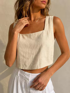 Open Back Linen Crop Top | Square Neck Summer Tank, Resort Wear