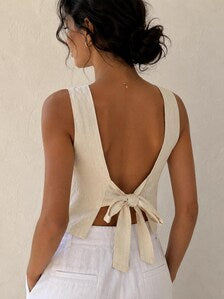 Open Back Linen Crop Top | Square Neck Summer Tank, Resort Wear