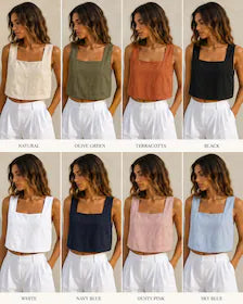 Open Back Linen Crop Top | Square Neck Summer Tank, Resort Wear