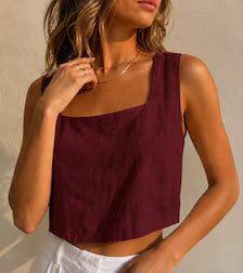 Open Back Linen Crop Top | Square Neck Summer Tank, Resort Wear