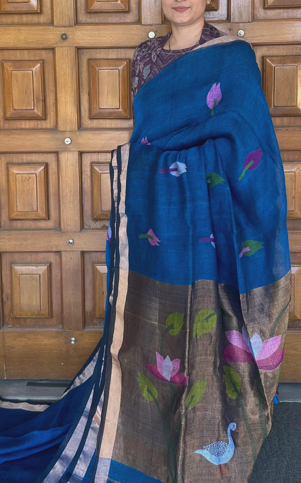 Blue West Bengal Jamdani Linen Saree – Handloom