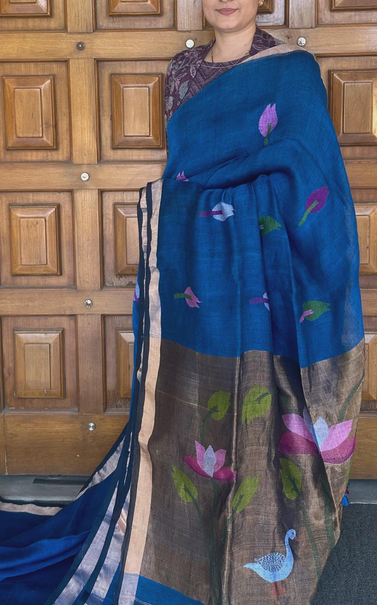 Blue West Bengal Jamdani Linen Saree – Handloom