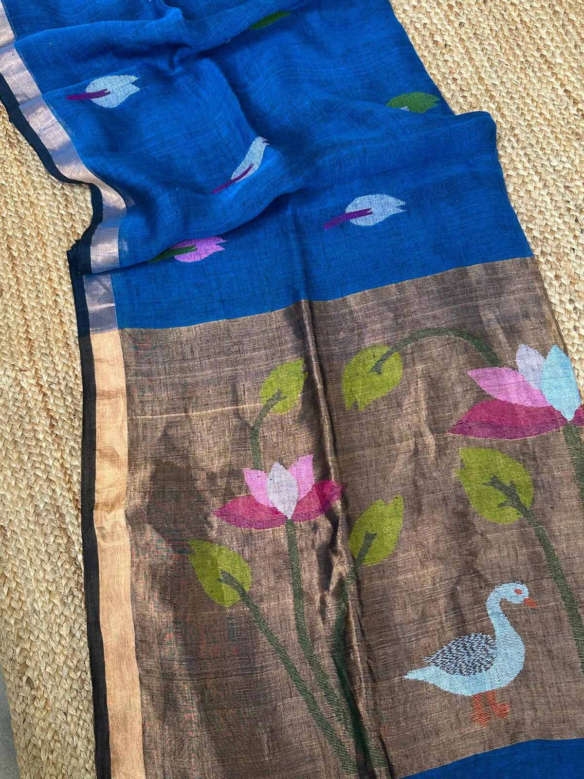 Blue West Bengal Jamdani Linen Saree – Handloom