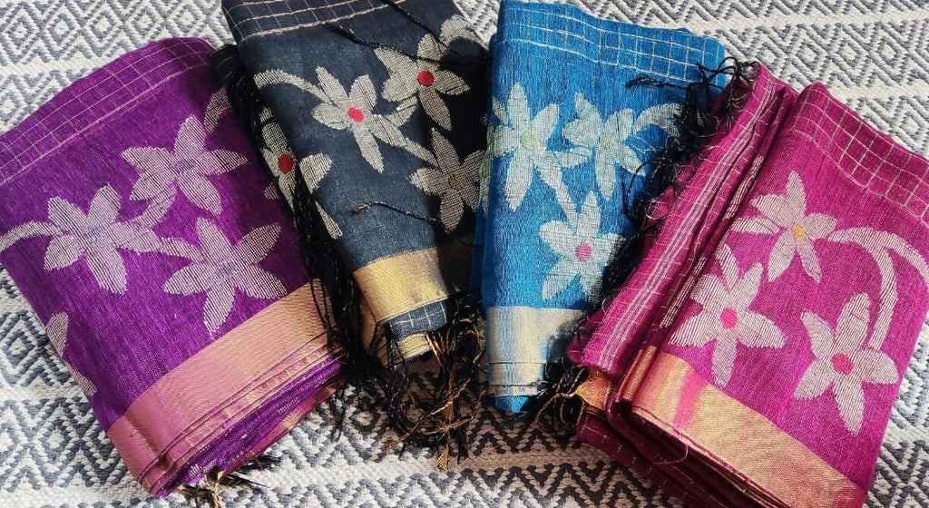multicolor linen floral jamdani saree