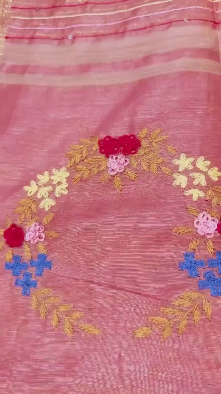 Handcrafted Peach Pink Hand Embroidered Linen Saree