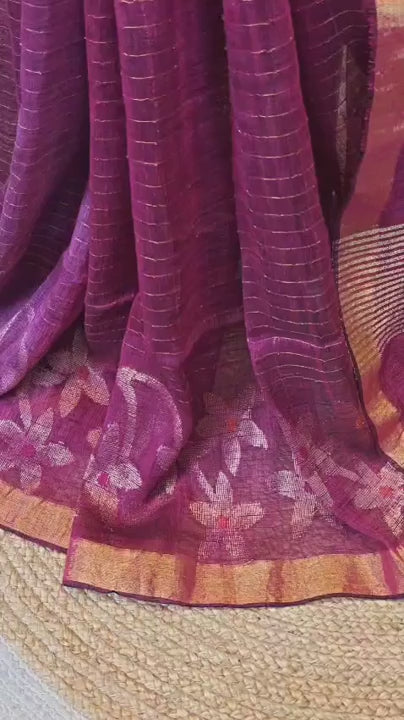 Handwoven Linen Jamdani Saree with Zari Check work