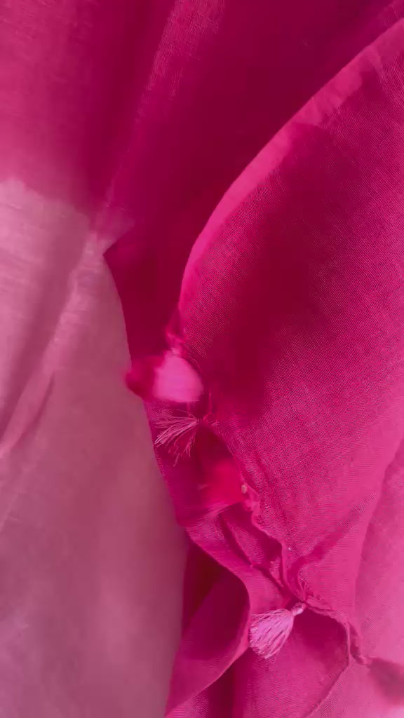 Pink Ombré Handmade Linen Saree with Bird & Floral Embroidery