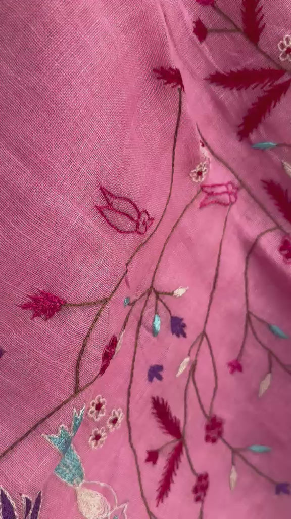 Pink Ombré Handmade Linen Saree with Bird & Floral Embroidery