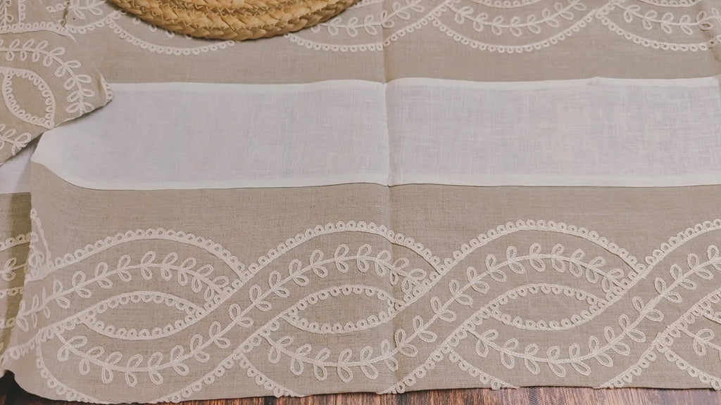Linen Table Runner, Beige White Embroidered 80" by 14" .Vintage wedding long table runner for holiday, festival rustic new home or farmhouse