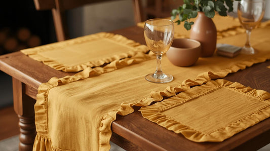 Mustard Linen Table Runner (1), Yellow Ruffled Runner, Dining Linen, 100% Pure European Linen Table Runner