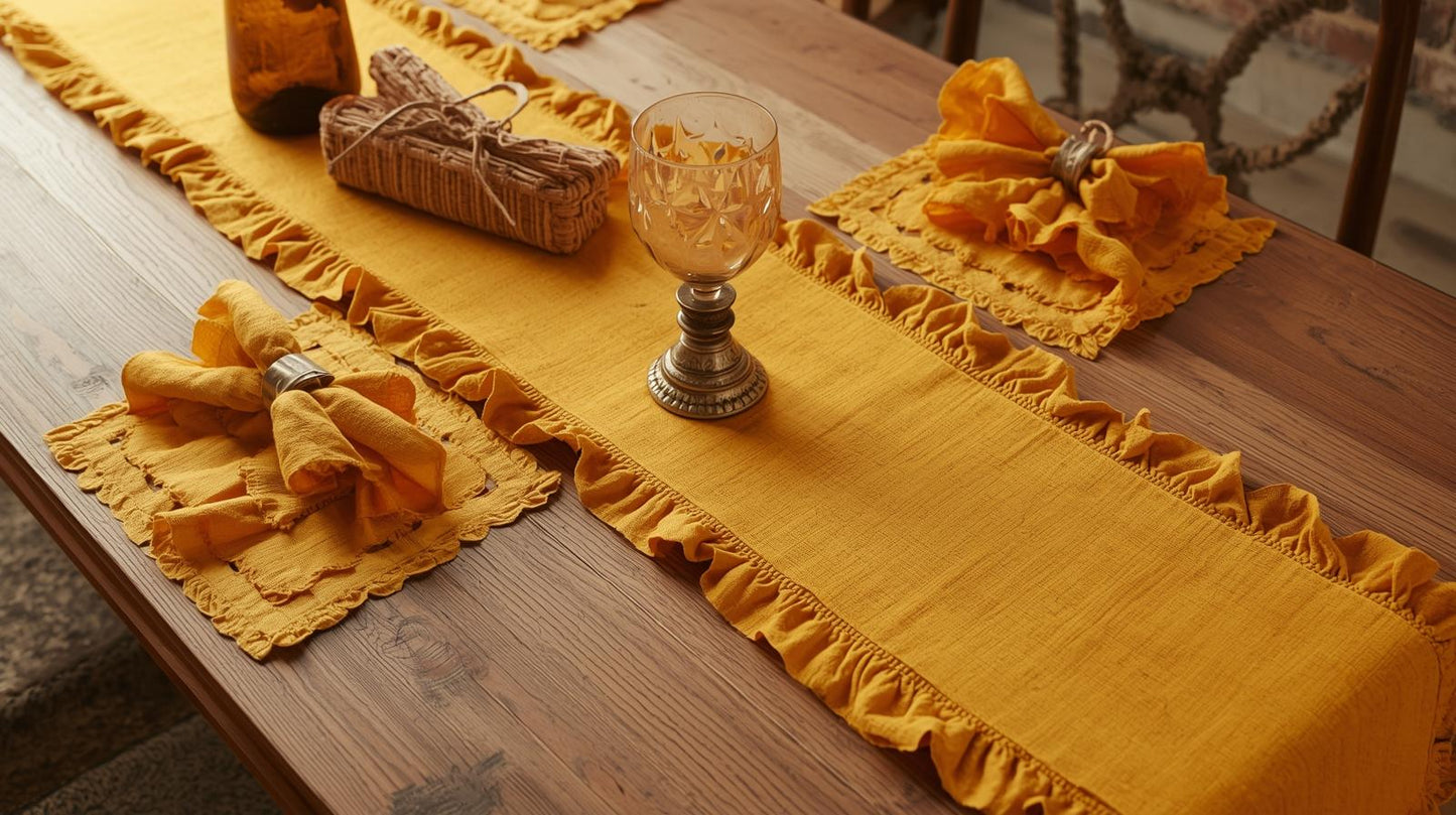 Mustard Linen Table Runner (1), Yellow Ruffled Runner, Dining Linen, 100% Pure European Linen Table Runner
