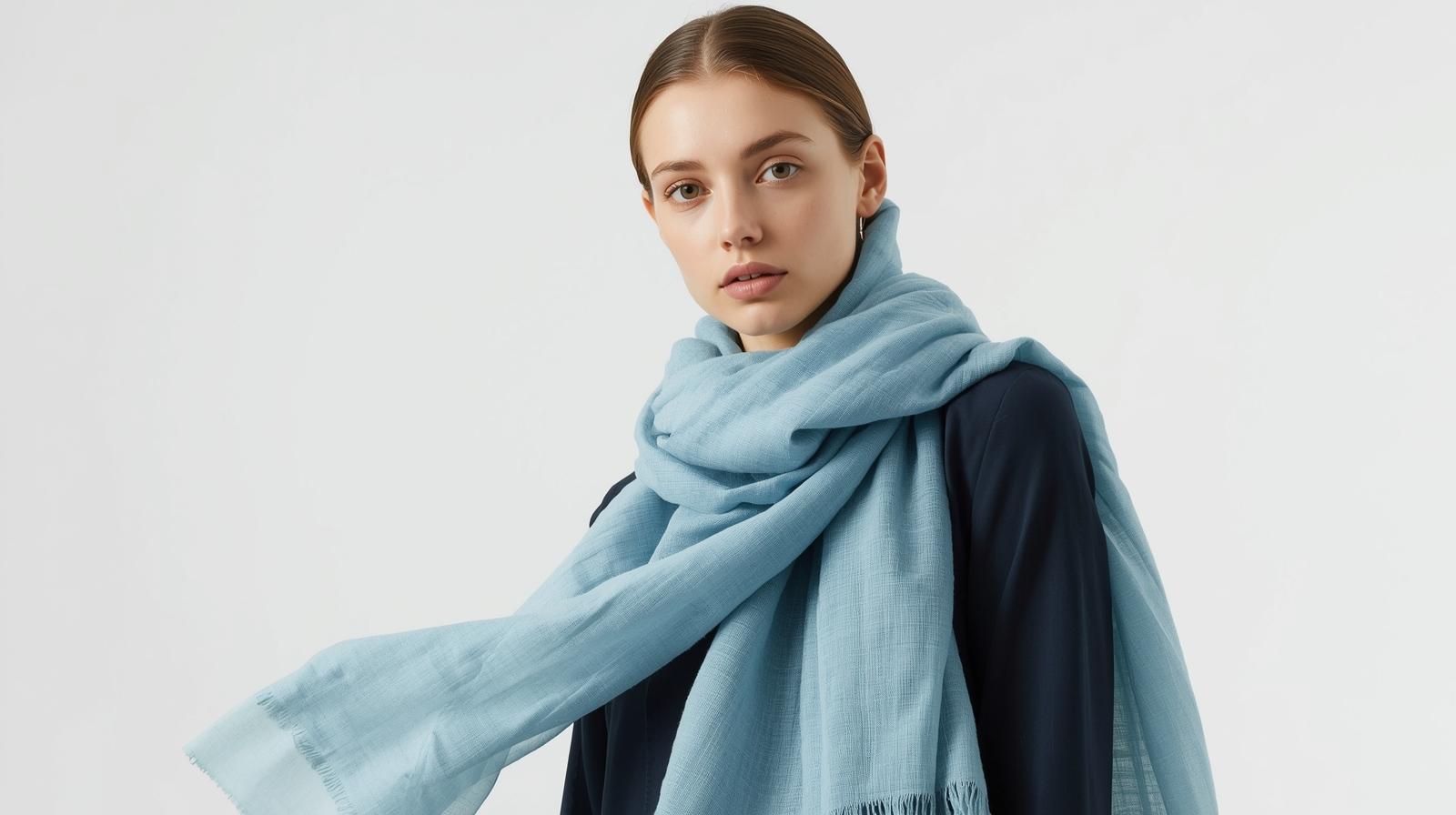 sky blue linen scarf draped over women