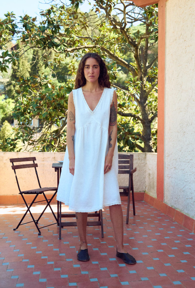 closeup view white linen dress