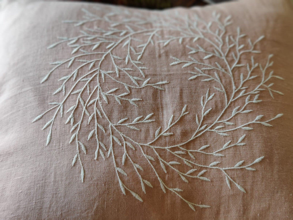 Pink Hand-Embroidered Floral Linen Cushion Cover